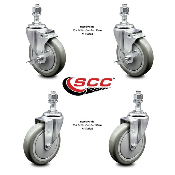 Polyurethane Swivel Threaded Stem Caster Set of 4 w/5 x 1.25 Gray Wheels and 1/2 Stems Includes 4 with Total Lock Brakes Service Caster Brand 1200 lbs Total Capacity Polyurethane Swivel Threaded Stem Caster Set of 4 w/5 x 1.25 Gray Wheels and 1/2 Stems Includes 4 with Total Lock Brakes Service Caster Brand 1200 lbs Total Capacity